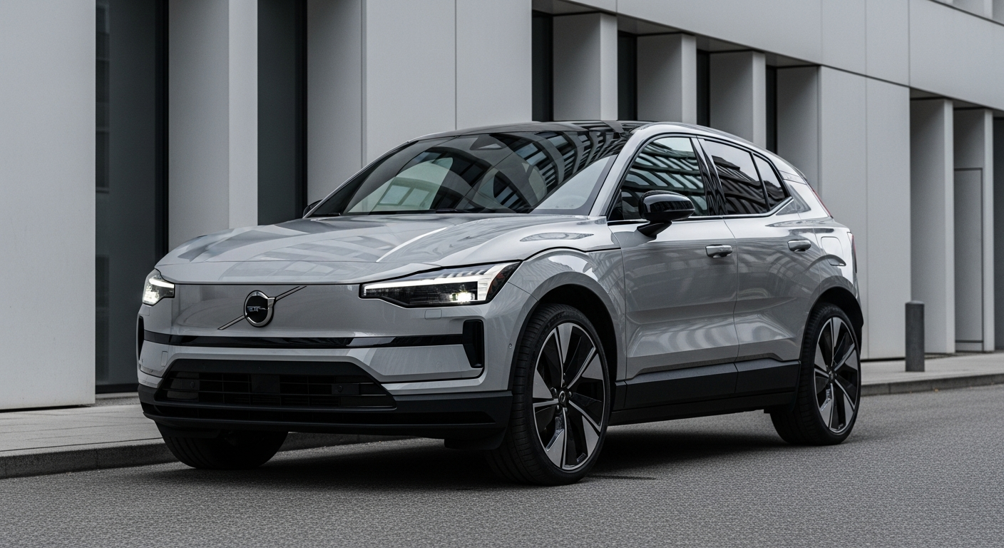 Front three-quarter view of a sleek Volvo EX30 compact electric SUV parked near modern architecture.